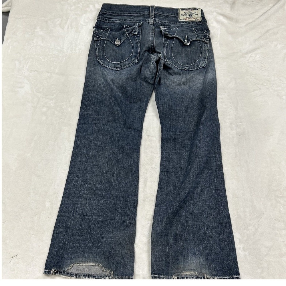 True Religion Joey Super T Jeans Mens 34 Blue Flare Contrast Stitch Distressed
